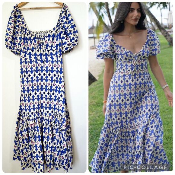 Zara Midi Maxi Dress Blue Ivory Pink Blogger Fave Women’s XL Puff Sleeve - Picture 1 of 15